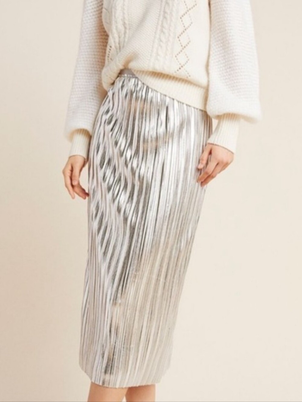 Anthropologie Maeve Pleated Silver Midi Skirt Sz8